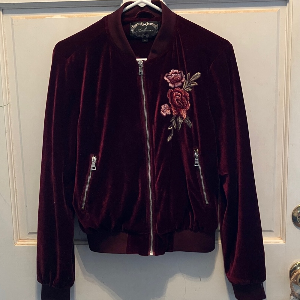 Ambiance Deep Red Velvet Bomber Jacket with Rose Embroidery